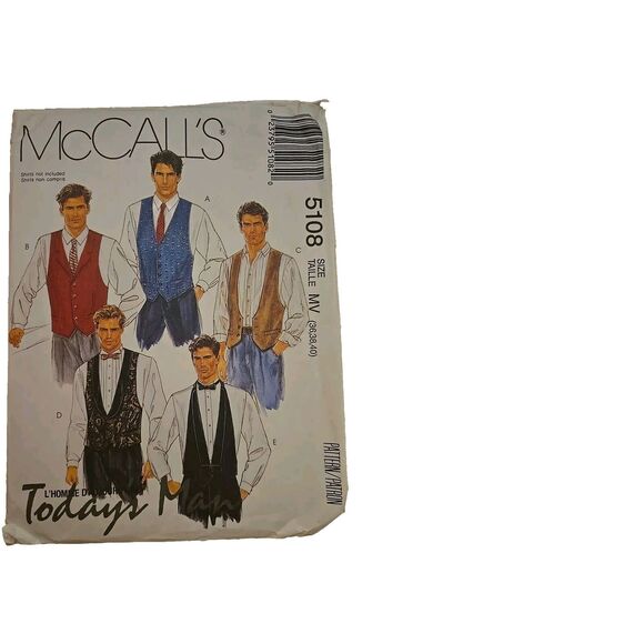 McCall's 5108 Men's Tall Size 36-40 Vest, Neck Tie, Bow Tie Cut Complete 1990 - Picture 1 of 5